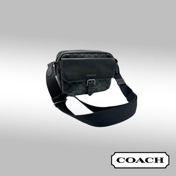 Coach Hudson Crossbody – Black Pebbled Leather & Grey Signature Coated Canvas - Picture 1 of 11